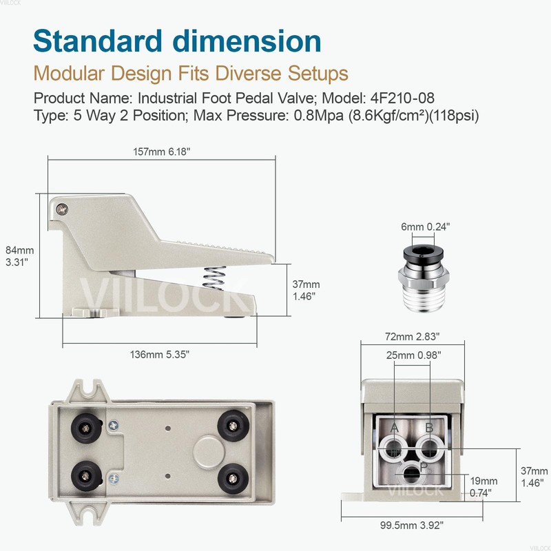 VIILOCK Pneumatic Foot Pedal Valve Kit, 1/4" NPT 5 Way