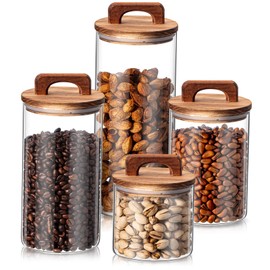 Layhit 4 Pcs Glass Food Storage Jars with Airtight Wood Lid Clear Storage Jars Containers with Stickers Marker for Candy, Cookie, Rice, Sugar, Flour, Pasta, Nuts, 4 Size