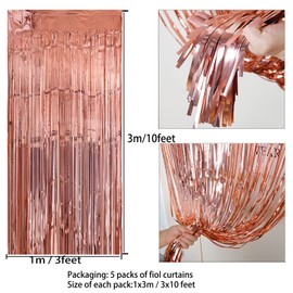 Kioneer Metallic Tinsel Curtains Rose gold 5 Packs 3 ft x 10 ft Foil Fringe Curtains for Photo Backdrop Door Wall Hanging Window Curtain Party Offiice Decoration