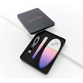 Spa-Rific 3pc Nano File and Ultra Wide Jaw Nail Clipper Set: Glass Nail Files with Large Nail Clipper and Metal Case Kit - Crystal Fingernail Manicure and Pedicure Tools - Yellow Indigo Ombre