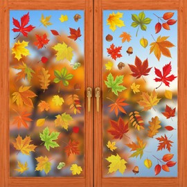 Zindoo 60Pcs Autumn Window Stickers Reusable, 6 Sheet Double Sided Autumn Maple Leaves Window Clings, Static Cling Autumn Decorations for Home Thanksgiving Fall Party Kids