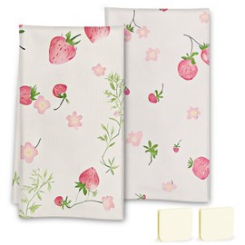 Fruit Pattern Kitchen Towels Set of 2, with Fixed Clips 18x30in Microfiber Dish Towels- Highly Absorbent, Quick-Drying, Reusable Kitchen Dish Towels (Color Strawberry)