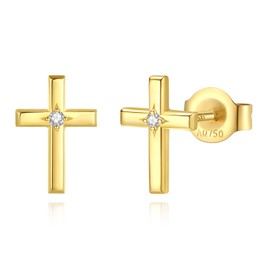 14K Solid Yellow Gold Cross Stud Earrings with Diamond Dainty Tiny Delicate Durable Small Earrings Fine Jewelry Birthday Gifts for Women