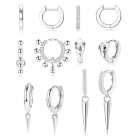 ZELORES 6 Pairs Gold Plated Huggie Hoop Earrings for Women Snake Ball Beaded CZ Huggie Hoop Earrings Spike Dangle Hoop Earrings Set (Silver)