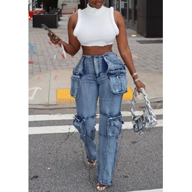 SHINFY Womens Cargo Jeans High Waisted Straight Leg Zipper Stretchy Y2K Denim Cargo Pants with Flap Pockets