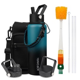 YONICOER Insulated Water Bottle 40oz,Triple Wall Vacuum Stainless Steel(Dishwasher Safe),Leak Proof & Non-BPA,Flask Jug with Paracord Handle & Straw Spout Lids Sports Gradient indigo blue/black