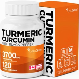 Cúrcuma con Pimienta Negra Cellugreen 3,700 mg | Alta Potencia, Antiinflamatorio Natural, Alivio Articular, Vegano – Hecho en Canadá, 120 Cápsulas
