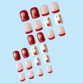 Christamas Press on Nails Short Square Fake Nails with Red French Designs Snowflake Red Nail Tips Cute Xmas Reindeer Full Cover Acrylic False Nails Winter Glue on Nail for Women Girls 24 Pcs