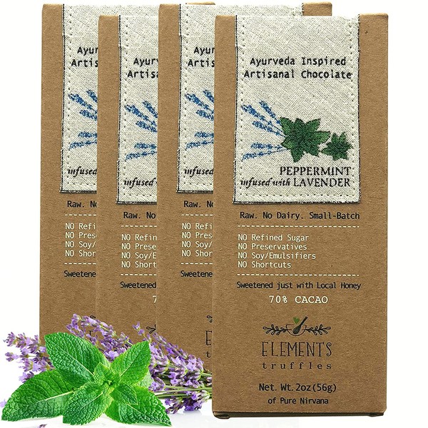 Elements Truffles Peppermint Bar with Lavender Infusion - Dairy Free Chocolate Bar - Paleo, Gluten Free, Non-GMO, Raw & Organic Chocolate Bar - Ayurveda Inspired Healthy Chocolate Bar - Four Pack