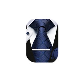 HISDERN Men's Navy Blue Plaid Tie Handkerchief Cufflink Tie Clip Set Formal Wedding Party Gifts Necktie for Men