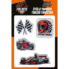 Formula Cars F1 Racing Iron-On Patches Set – 4pcs Embroidered Appliqué for Jackets, Backpacks, Jeans – Helmet & Checkered Flags – Motorsport Theme – Easy Heat Press