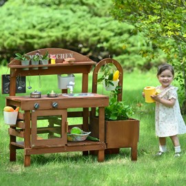 Outdoor Mud Kitchen for Kids, Wooden Play Kitchen with Plant Growing Box, Observation Room, Sink, Faucet for Backyard Garden