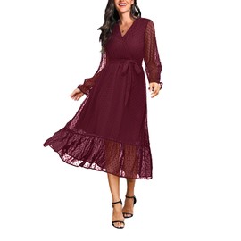 Women Burgundy Maroon Red Long Sleeve Fall Wrap Swiss Dot Wedding Guest Bridesmaid Midi Casual Long Boho Maxi Dress 2023