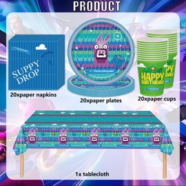 61-Piece Video Game God Birthday Party Tableware Set, Video Game Decorations, Alpaca Party Decorations, Games Party Tableware Includes Plates, Cups, Napkins, Tablecloths