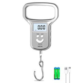 MEIYA Fish Scale: Dual Power(Battery/Rechargeable), Fishing Scale with Extra Wide Handle, 110lb, Backlit LCD Display, Includes 2 AAA Batteries&USB-C Charging Cable, Fishing Gifts for Men(Silver)