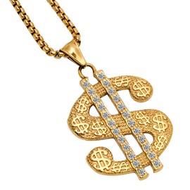 AHIER Gold Necklace Chain with Dollar Sign, 18K Gold Plated Hip Hop Chain Necklace Pendant for Men, 30inch (dollar B)