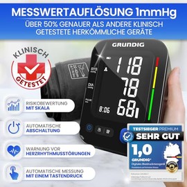 GRUNDIG Blutdruckmessger√§t Oberarm - hochpr√§zise - einfachste Bedienung - perfekt ablesbar - Herzrhythmusst√∂rungen Erkennung - Risikobewertung - Manschettensitzkontrolle (inkl. Batterien)