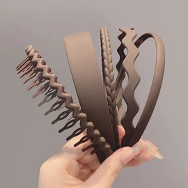 5PCS Non Slip Plastic Headbands for Women and Girls Wide Head Bands with Teeth Black Blue White Coffee Pink Green Hair Bands (Coffee)