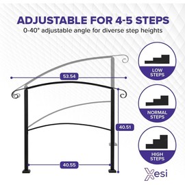 Xesi 4-5 Step Handrails for Outdoor Steps with Installation Kit - Durable Wrought Iron Railing - Versatile Curved Handrails for Outside Steps, Concrete Steps, Stair Railing Outdoor or Porch Railing