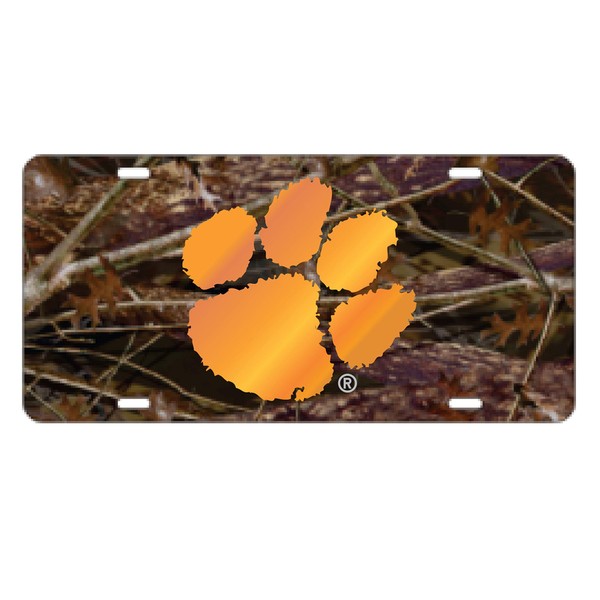 CLEMSON TIGERS Laser Cut Inlaid Acrylic Woodland CAMO Plate w/Orange Paw