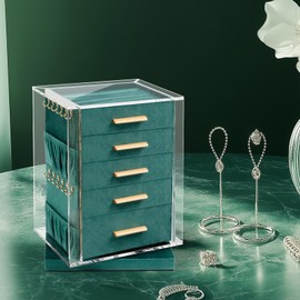 KAMIER Jewelry Box, 360° Rotating Jewelry Organizer with 6 Drawers,Large Jewelry Storage,Clear Window,Golden Handle,Vertical Jewelry Holder for Earrings Necklace,Gift for Women, Green