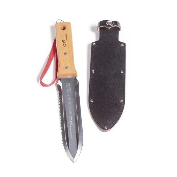 Nisaku NJP651 Hori Weeding & Digging Knife-Hardened HRC58 Edition, Authentic Tomita (Est. 1960) Japanese Stainless Steel, 7.25" Blade, Wood Handle, w/Premium Leather Sheath