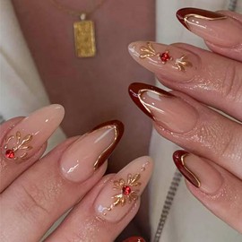 Red French Tip Press on Nails Gold Edge Fake Nails Medium Almond False Nails with Rhinestone Design Flower Glue on Nails Artificial Acrylic Nail Full Cover Nude Stick on Nails for Women Manicure 24Pcs