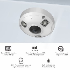 Inwerang 5MP POE IP Fisheye Camera, One Way Talk, 1.44mm Lens 360° Viewing Angle, 48ft Infrared Night Vision, Motion Detection, WDR, IP66 Water-Proof Indoor&Outdoor Metal Panorama Camera