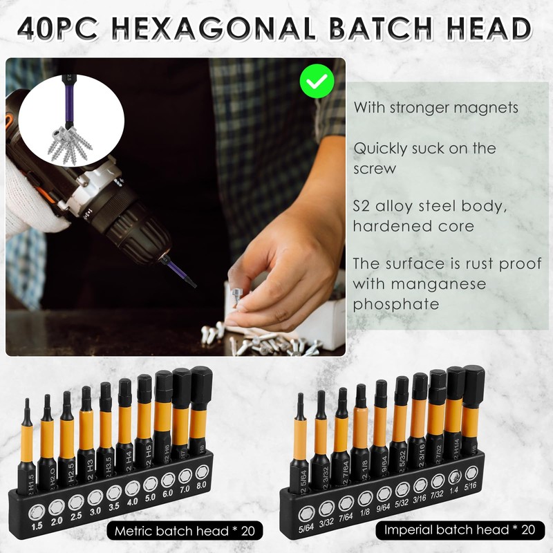 40Pcs Impact Hex Head S2 Alloy Steel Allen Wrench Drill