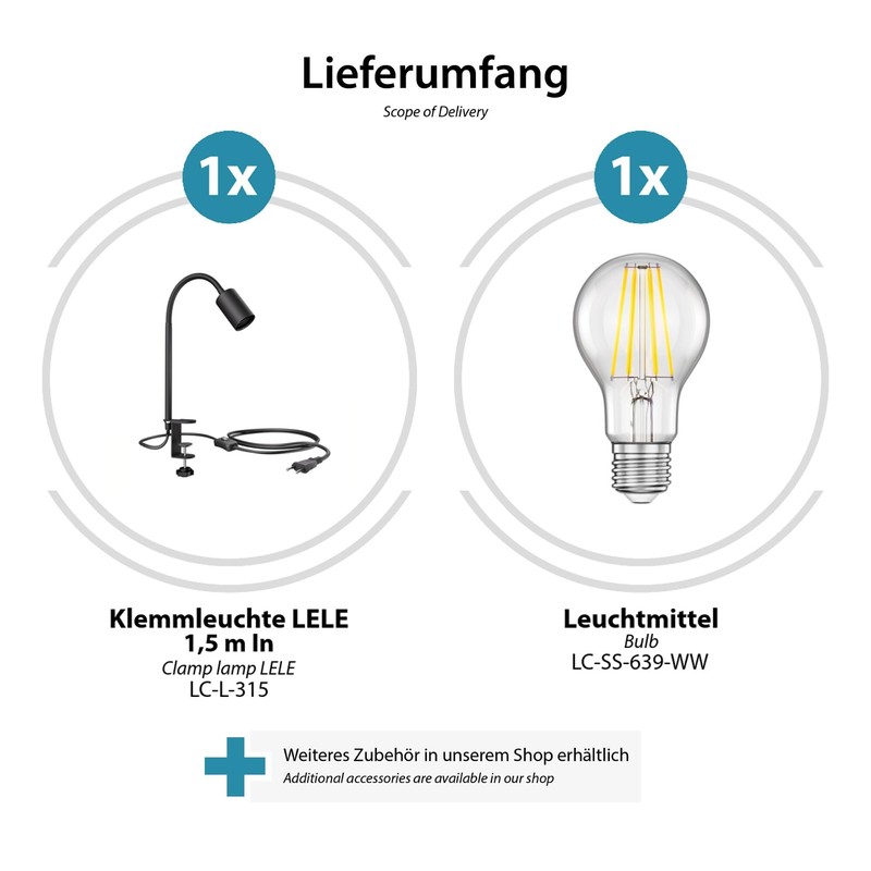 ledscom.de LELE E27 Clamp Light with Gooseneck Black Including E27