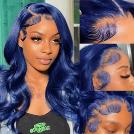 Dorashion Drak Blue Lace Front Wigs Human Hair 13x4 HD Transparent Body Wave Lace Front Human Hair Wig Pre Plucked Colored Blue Glueless Lace Frontal Wigs for Women 18 Inch
