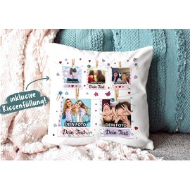 PR Print Royal Cushion with Filling - Photo Collage Pollaroid Design - Best Friends - Gift to the Best Friend - Design Yourself with Five Photos - Colour Cushion Back Pink 40 x 40 cm