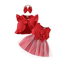 HEOXIN Baby Girls' Mesh Dress Cardigan 2 Pieces Outfits Set, Sleeveless Bow Princess Tutu Dresses and Ruffle Sleeves Flower Printed Coat Party Birthday Gift for 6 Months - 3 Years, Red, red, Ages 2