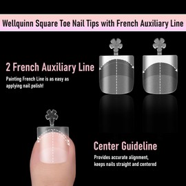Wellquinn Square Toe Nail Tips with French Auxiliary Line, Full Cover Press on Nails, Soft Gel False Toenail Extension, Clear Matte Fake Nails Pedicure 15 Sizes 360 Pcs