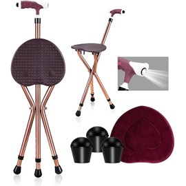 Folding Cane Seat Sturdy Lightweight Adjustable Handle Legs with LED Light Cushion for Elderly Walking Stick 300 lbs Large Plate