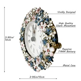 Pasiir Silent Mini Vintage Analog Table Clock with Hand-Painted Metal Body and Battery Operated Non-Ticking Core for Shelf, Bedroom, Bedside, Desk, Gift Clock