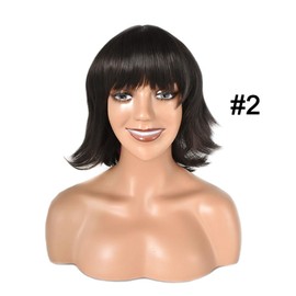Black Brown Wig for Black Women 15 Inch Short Wavy Hair Wigs Bob Wig with Bangs Wigs Shoulder Length Wigs for Women Synthetic Heat Resistant Bob Wigs (#2 Natural Black)