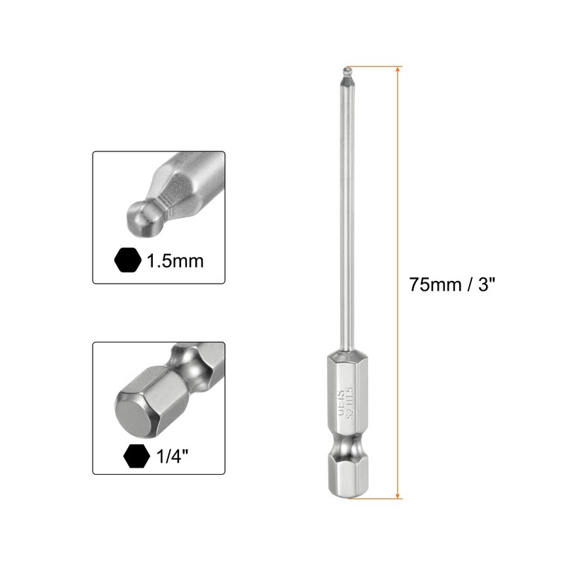 sourcing map 2pcs Ball End Hex Screwdriver Bit Set 1.5mm