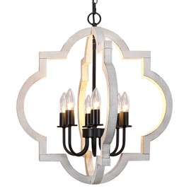 Rviezza 21'' Farmhouse Wood Chandelier, 6-Light Distressed White Dining Room Light Fixture, Adjustable Height Rustic Wood Orb Chandelier for Kitchen Island Foyer Living Room Bedroom Entryway