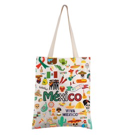 FEELMEM Mexico Travel Gift Mexico Travel Tote Bag Mexico Souvenir Reusable Shopping Bag Mexico Holiday Gift Mexico Merchandise, beige