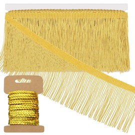 Swpeet 5 Yard × 4 Inch Gold Fringe with Sequin Trim, Fabric Fringe, Chainette Trim, Tassel, Sewing Fringe Trim for Clothes Accessories Wedding Latin Dress Lamp Shade DIY Craft Decoration