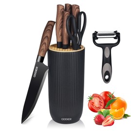 Knife Set, 8 Piece Kitchen Knife Set, Stainless Steel Knives Set for Kitchen, Universal Knife Block Set, Kitchen Kinfe Essentials, New Home Apartment Essentials, Dishwasher Safe (Black woodgrain)