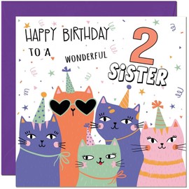 2nd Sister Birthday Cards - Childrens Cute Cat Sisters Birthday Card for 2 Year old Kids two, second