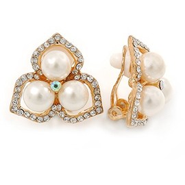 Clear Crystal Faux Pearl Three Petal Flower Clip On Earrings In Gold Tone/20mm L