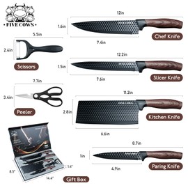 6 Pcs Kitchen Knife Block Set German High Carbon Stainless Steel Chef Knives, Razor-Sharp & Durable, Lightweight Anti-Slip Handle, Professional Set for Home & Kitchen (Brown 6 Piece)