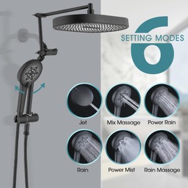 LOCALAND 14" x 8" Rectangle High Pressure Rainfall Shower Head with Handheld Combo, 6 Setting Handheld Shower Head, Adjustable Height Shower Extension Arm and Slide Bar for Easy Reach - Matte Black