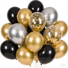 EWODEIEW Balloons Black Gold, 12 Inch 5 Inch Skyiol Latex Balloons Golden Confetti Balloons Metallic Balloons with Garland Stripes for Wedding Graduation EID New Year Decoration