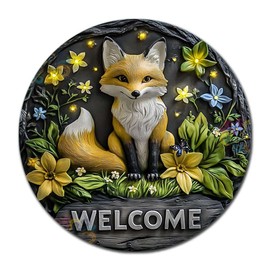 Soulpons Vintage Wall Art 2D Flat Alert Fox Welcome Decorative Tin Sign for Wildlife Decor Fox Lovers and Rustic Home Accents Waterproof Aluminum 12×12 Inches
