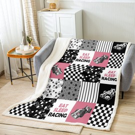 Pink Race Car Throw Blanket Racing Cool Speed Fleece Blanket Extreme Car Sports Fuzzy Blanket Baby Size for Girls Youth, Race Geometry Checkered Patchwork Theme Sherpa Blanket for Bed Couch Sofa