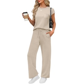 WIHOLL Summer Sets for Women Cap Sleeve Loungewear Cruise Resort Wear Tracksuit Two Piece Going Out Outfits Beach Vacation 2025 Travel Airport Business Casual Outfits Women's Clothing Beige 2XL